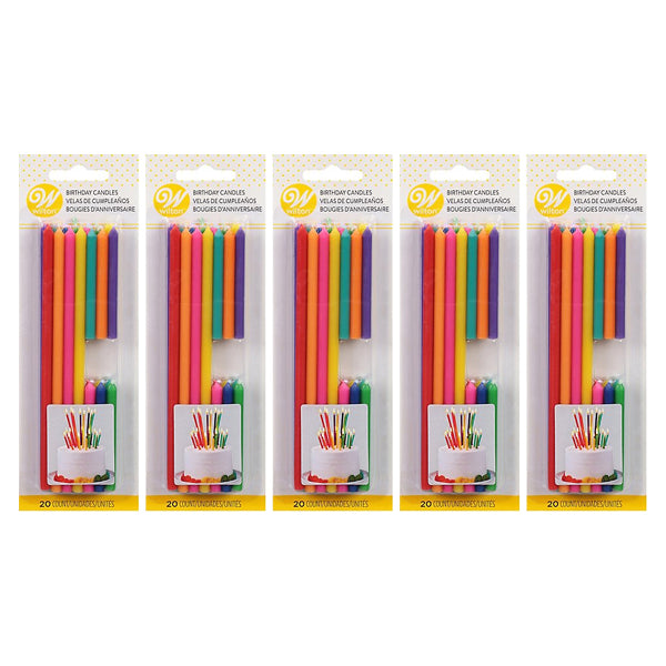 Five packs of Wilton Birthday Candles, Tall & Short, 20 count each, by Wilton—colorful candles with holders arranged upright in clear packaging.